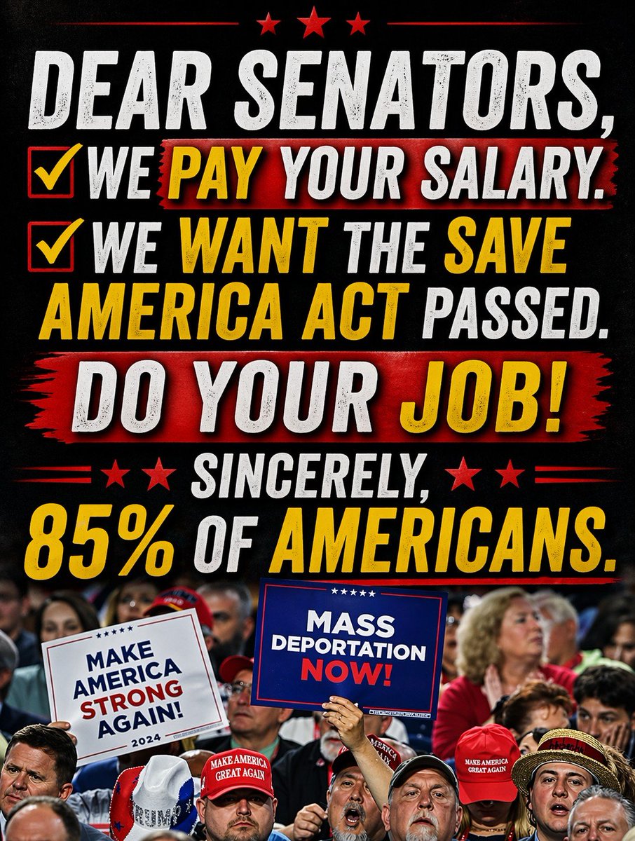 CMSGF52777's tweet photo. @EricLDaugh 📢 HEY @SenateGOP 

✔️ WE PAY YOUR SALARY.

✔️ WE WANT THE SAVE AMERICA ACT PASSED.

➡️ DO YOU JOB‼️

SINCERELY,
85% OF AMERICANS https://t.co/OgJeWVsPyP