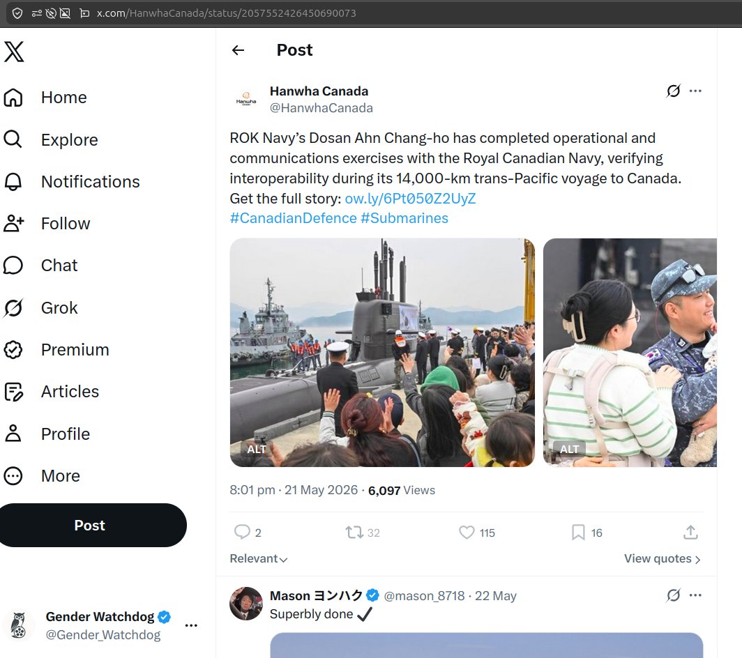 Gender_Watchdog's tweet photo. Before that procurement decision: two DND ATIPs are in statutory breach. The Information Commissioner opened formal investigations May 20 — OIC files 5826-01015 and 5826-01016.

The question those ATIPs ask: how were the 2 RCN sailors aboard chosen — and did anyone assess Article 92-6 exposure before they went under Korean military command?

The "Korean" sub's operational core is six European-manufactured systems. The one Korean component is a COTS battery with the same thermal-runaway chemistry as the Galaxy Note 7 recall.

Hanwha Canada has blocked our account. 

https://t.co/4UrYWznn3V

#CDNpoli #CdnDefence