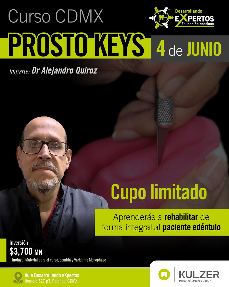 kulzermexico's tweet photo. 🦷 Curso–Taller: PROSTO KEYS

📅 4 de junio
🎓 Imparte: Dr. Alejandro Quiroz

🎯 Inscríbete https://t.co/5Y4ZKXMjOK 

#SomosKulzer 💚 #Kulzer 🦷💚 #DesarrollandoeXpertos https://t.co/xZq2ufGLdw