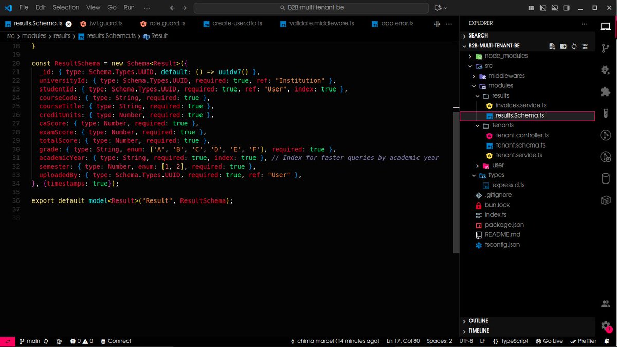 chima_ben_dev's tweet photo. Another day in my backend journey!  Officially kicking off "Grader" a high-concurrency multi-university result engine. Today, I designed the multi-tenant MongoDB schemas using UUIDv7, and built strict JWT &amp; RBAC role guards to securely isolate university data walls. 
 #BackendDev https://t.co/qWhqx0Kg7p
