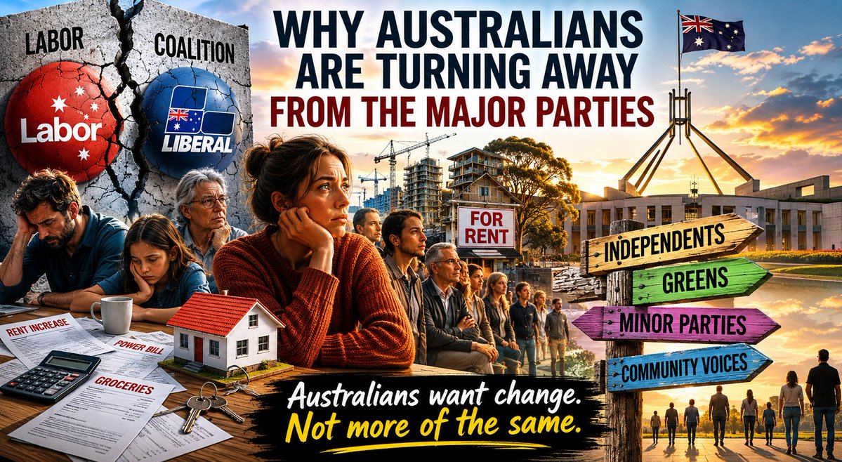 AustfutureHay's tweet photo. Why Australians Are Abandoning the Major Parties
Australian Politics
By Denis Hay | May 24, 2026
Housing affordability, cost of living pressures, trust and political reform are reshaping Australian politics.
https://t.co/PvQjqi07pk https://t.co/2vwNul8gPp