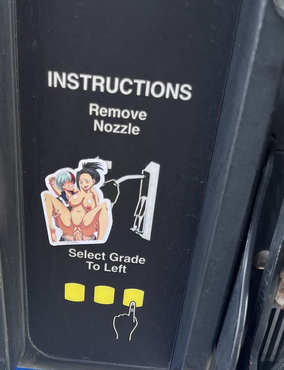 Houseofsmut's tweet photo. Which one of you fuckers are out here putting stickers of my hero academia porn on random gas pumps???? https://t.co/eXi27Iqngj