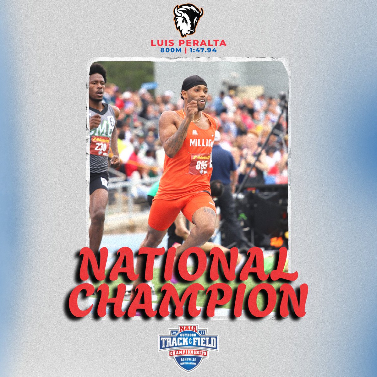 AACsports's tweet photo. 🏃‍♂️NATIONAL CHAMPIONS🏃‍♀️

The AAC collected 3 individual national titles at the 2026 #NAIATrack National Championship Meet

Luis Peralta of @MilliganBuffs won the title in the men's 800, while Heather Murphy of @MontreatCavs won both the women's 5000 and 10000 crowns

#ProudToBeAAC https://t.co/jaxLvqO4gG
