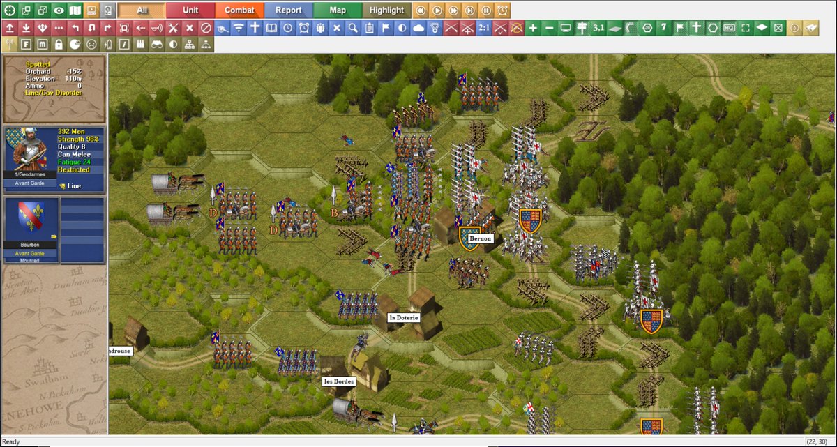 GCWargaming's tweet photo. Age of Longbow released on Steam yesterday. I’m doing a playthrough of the Battle of Poitiers (1356), commanding the French under Jean le Bon. 

The first couple of turns had me advancing east with the Avant-Garde division under the Dauphin, which saw initial success, but gradually stalled as I encountered stronger units, i.e., English men-at-arms. 

Orleans and his Bataille division follow a little behind, prepared to push in if the Avant-Garde is repulsed, which looks likely. Meanwhile, I’m also trying to find the English flanks. 

To the south, I tried to maneuver my Genovese crossbowmen under Grimaldi around the patchwork of orchards and villages and smacked right into a pack of English archers. 

I feared bogging down what little cavalry I have in the main assault, so I sent them (German allies under Saarbrucken and the Chevals a Gauche under Clermont) on a recon around the north side of Forest de Noualle. I hope to find an unguarded entry point, but it looks doubtful. Stellar addition to the growing @WargameDS presence on Steam.

#HundredYearsWar #AgeofLongbow #BattleofPoitiers
