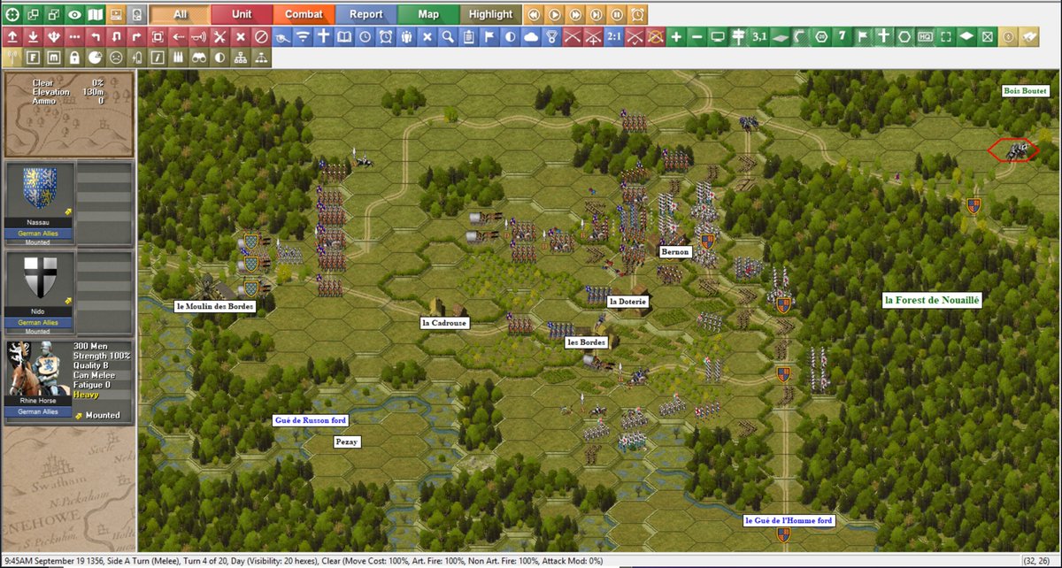 GCWargaming's tweet photo. Age of Longbow released on Steam yesterday. I’m doing a playthrough of the Battle of Poitiers (1356), commanding the French under Jean le Bon. 

The first couple of turns had me advancing east with the Avant-Garde division under the Dauphin, which saw initial success, but gradually stalled as I encountered stronger units, i.e., English men-at-arms. 

Orleans and his Bataille division follow a little behind, prepared to push in if the Avant-Garde is repulsed, which looks likely. Meanwhile, I’m also trying to find the English flanks. 

To the south, I tried to maneuver my Genovese crossbowmen under Grimaldi around the patchwork of orchards and villages and smacked right into a pack of English archers. 

I feared bogging down what little cavalry I have in the main assault, so I sent them (German allies under Saarbrucken and the Chevals a Gauche under Clermont) on a recon around the north side of Forest de Noualle. I hope to find an unguarded entry point, but it looks doubtful. Stellar addition to the growing @WargameDS presence on Steam.

#HundredYearsWar #AgeofLongbow #BattleofPoitiers