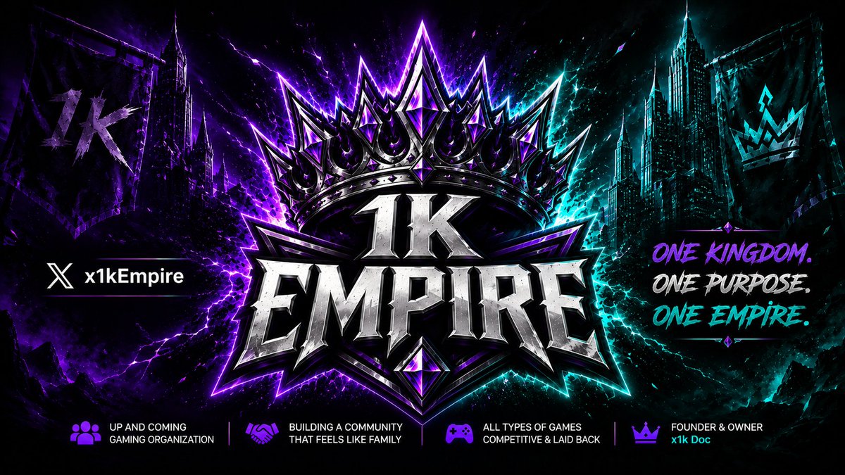 x1kEmpire's tweet photo. The new 1k Empire Re Brand 
We are now looking for like minded people to join the Empire and help build this family into reality 
#smallcommunity #Gamingorg #OneKingdom #OnePurpose #OneEmpire https://t.co/YvPsZxqJBH
