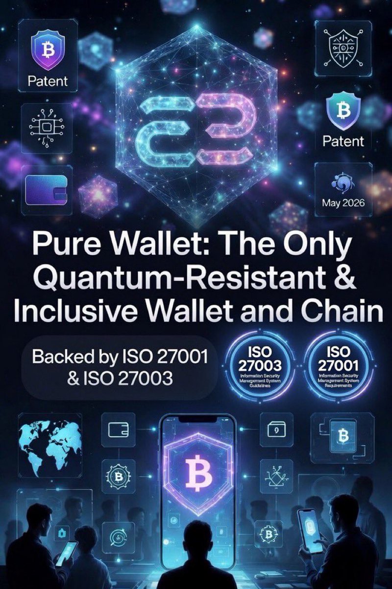 PureWalletPlus's tweet photo. 🔒 Pure Wallet: The Only Quantum-Resistant & Inclusive Wallet and Chain — Backed by ISO Certifications
By @PureWalletPlus 

May 2026
We have accomplished so much! But now another huge set of achievements! Purechain is integrating a powerful portfolio of advanced blockchain security patents into the next evolution of Pure Wallet — establishing it as the only fully quantum-resistant and inclusive digital asset platform in the market today.

Patent Portfolio Highlights:

Patent App. 10-2024-0058702
Offline Blockchain Transaction Method
Multi-hash security for offline payments. Securely validates transactions without constant network access.
Ideal for: remote areas, military networks, hardware wallets, and air-gapped environments.

Patent App. 10-2024-0090171
Proof-of-Authority for Highly Trusted Networks
Faster validation, lower energy consumption, and stronger accountability. Built for institutional and regulated environments.

Patent App. 10-2025-0093563
Scalable Blockchain Channel Security with Quantum Key Distribution (QKD)
Quantum-secure key exchange resistant to interception and future quantum attacks. Optimized for IoT networks.

Backed by World-Class ISO Certifications
This quantum-resistant foundation is further strengthened by ISO 27001 certification (Information Security Management System) — making Pure Wallet the world’s first ISO-certified offline crypto wallet. Additional alignment with ISO 27003 reinforces our rigorous approach to security controls and implementation.
These internationally recognized standards ensure enterprise-grade information security, risk management, and operational excellence — giving users, institutions, and regulators confidence in every transaction.

Why This Matters
While others talk about quantum resistance, Pure Wallet is the only wallet and chain delivering it today — combined with true inclusivity for all users, from everyday individuals to institutions, and independently verified through ISO certifications.

As quantum computing advances, traditional cryptography faces serious long-term risks. Purechain is proactively building multi-layered, quantum-resistant protection with inclusive design and ISO-backed security that makes advanced protection accessible to everyone.
The future of secure digital assets is here — and only Pure Wallet delivers quantum resistance, true inclusivity, and ISO-certified trust.
Pure Wallet is evolving into the foundational infrastructure for the post-quantum digital economy — designed to power secure, inclusive digital finance for the next decade and beyond.
Stay tuned. The quantum era is coming — and we’re leading it. Learn more at https://t.co/jOPtThkdci

#PureWallet #QuantumResistant #OnlyQuantumWallet #InclusiveCrypto #ISO27001 #BlockchainSecurity #PostQuantum
