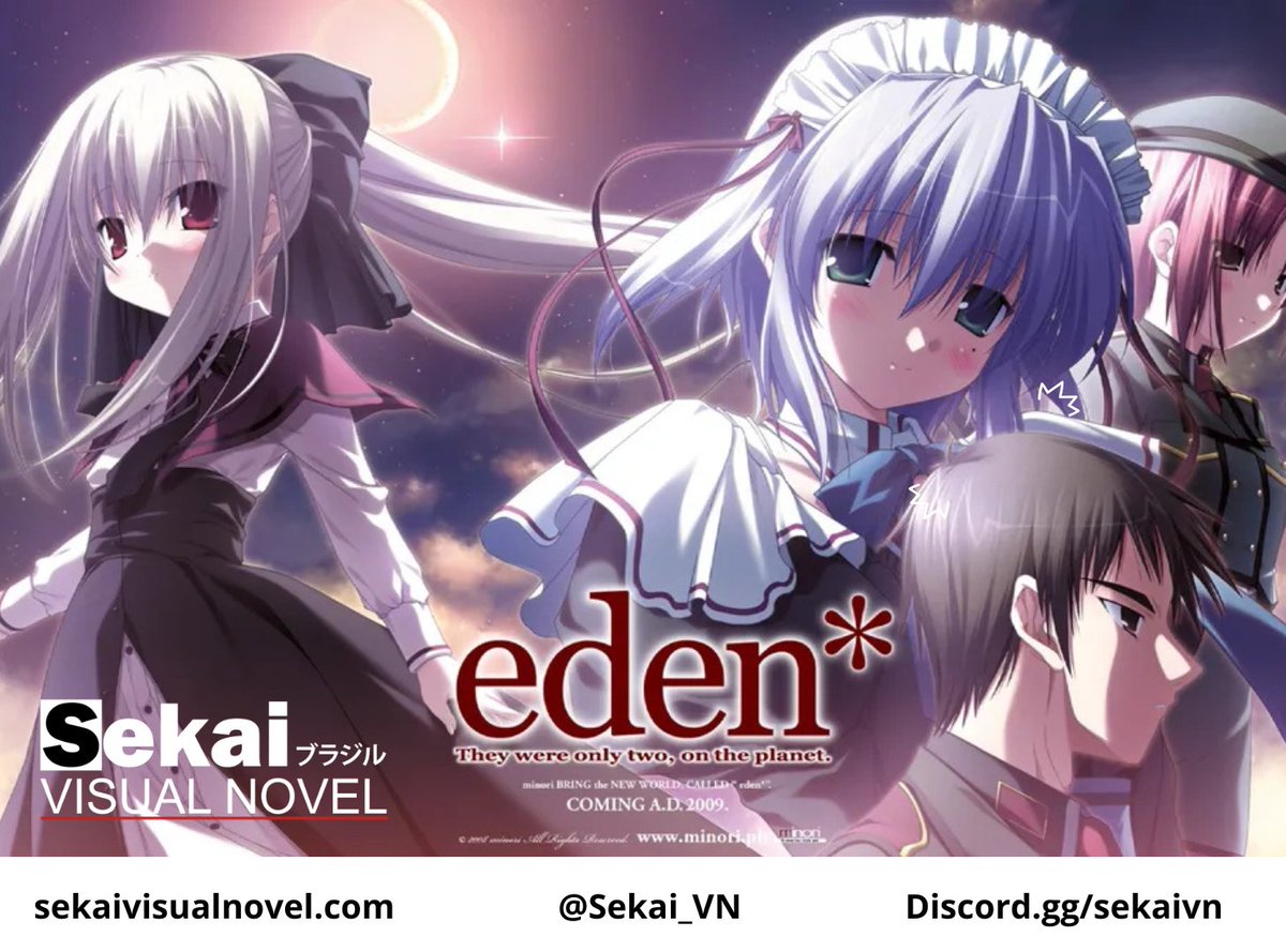 Sekai_VN's tweet photo. ANÚNCIO DE TRADUÇÃO 🇧🇷✨
Mais um anúncio pra vocês...

• Eden* 🤍

Uma das visual novels de ficção científica mais marcantes do gênero, eden* entrega uma narrativa emocionante e melancólica em um mundo à beira do fim.

Fiquem ligados nas novidades!🔥 https://t.co/tgp00ZsPtS