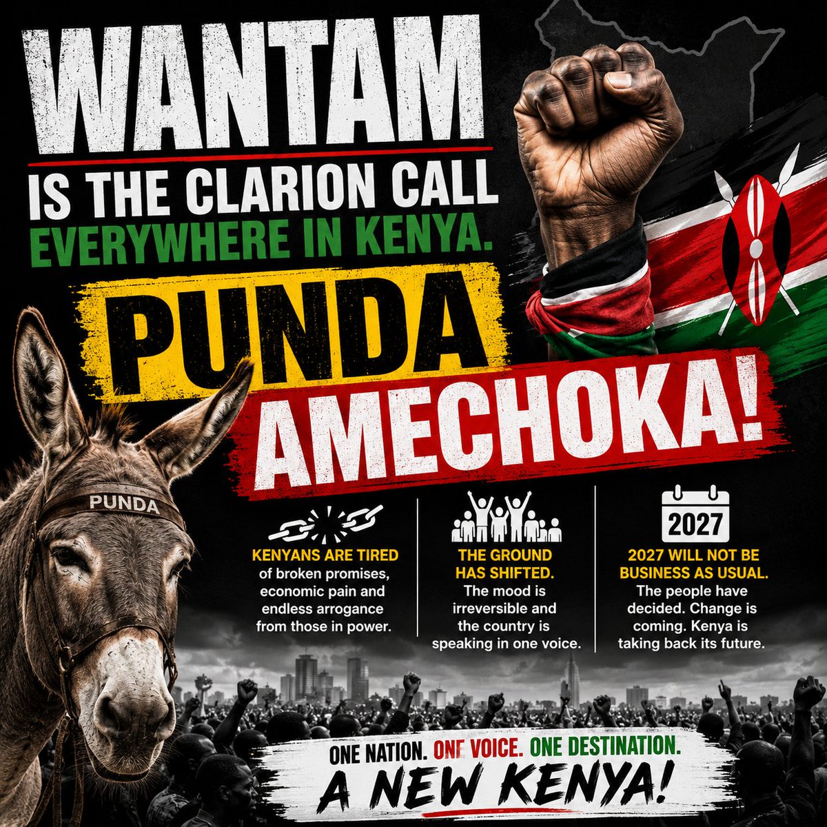 kingethuk's tweet photo. WANTAM is now the unmistakable national clarion call across Kenya.
From the streets to the villages, one message is echoing with force and clarity: Punda Amechoka!

Kenyans are tired of broken promises, economic pain and endless arrogance from those in power. The ground has shifted, the mood is irreversible and the country is speaking in one voice.

2027 will not be business as usual.