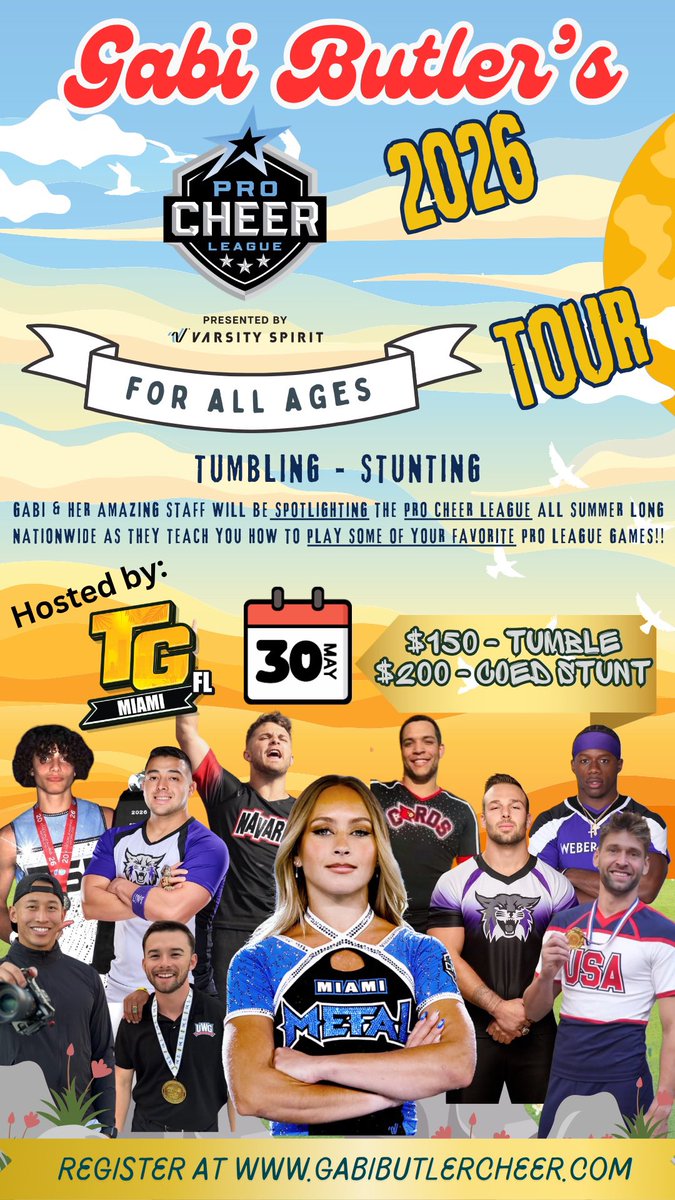 TopGunJags305's tweet photo. β¨ Gabi Butler + the ππ Pro Cheer League TOUR is coming to Top Gun Miami! π
π May 30
π§ All Ages
πΈ $150 Tumbling
πΈ $200 Coed Stunt
πLearn, stunt, tumble & PLAY with the PROS!
ποΈ https://t.co/i2LGDl9AKO
#ProCheerLeague #GabiButler #TopGunMiami #Cheerleading #MiamiMetal https://t.co/XgWSQaFSlU