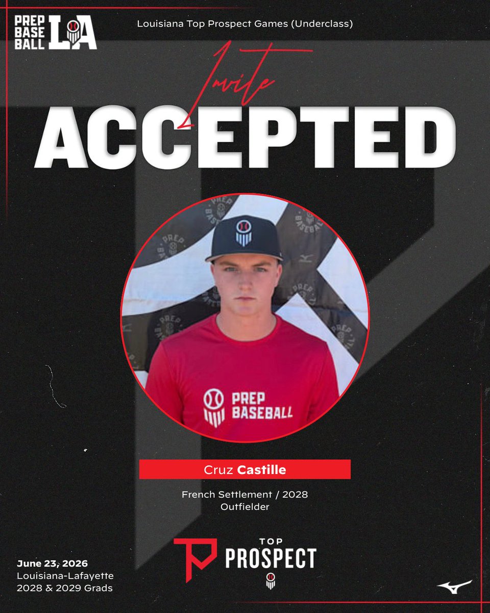 PrepBaseballLA's tweet photo. 🎟️ #𝐋𝐀𝐓𝐏𝐆𝟐𝟔 𝐈𝐧𝐯𝐢𝐭𝐞 𝐀𝐜𝐜𝐞𝐩𝐭𝐞𝐝

We’re excited to see the following players at the Underclass Top Prospect Games on June 23rd at the University of Louisiana-Lafayette.

‘28 Cruz Castille (French Settlement)

‘28 Winn Cedars (St. Mary’s)

‘28 Jiazan Chanthavongsy (Cecilia)

‘28 Ripp Clark (Live Oak)

Event page with complete roster and all the details below ⬇️ 

#BeSeen

🖇️ https://t.co/Zxq03tAKD2