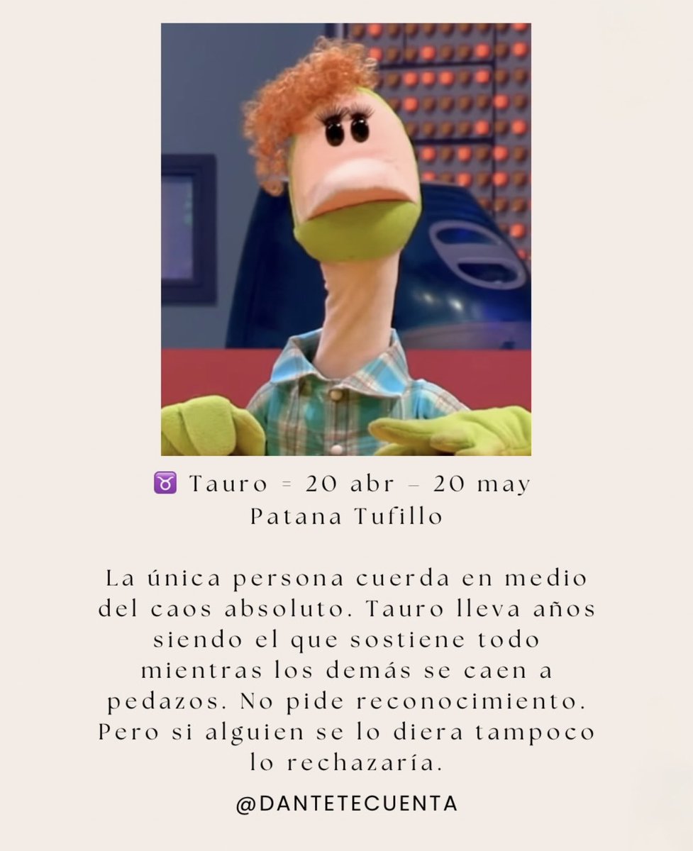GdlTiempo's tweet photo. ¿Qué personaje eres de @31minutos_tv según tu #signo?
Vía: #DanteTeCuenta
#31minutos https://t.co/q8vTJoAZWC