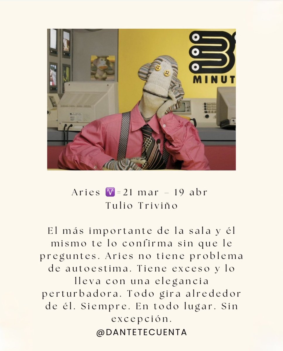 GdlTiempo's tweet photo. ¿Qué personaje eres de @31minutos_tv según tu #signo?
Vía: #DanteTeCuenta
#31minutos https://t.co/q8vTJoAZWC
