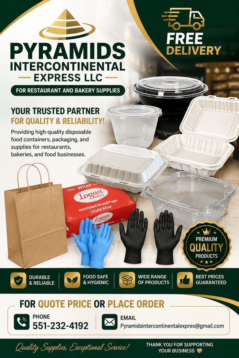 KozmanPeter's tweet photo. Pyramids intercontinental express llc for restaurant and bakery supplies 
For Quote price or place order 
Call 📞 text.  551-232-4192 .
Email 📧 Pyramidsintercontinentalexpres@gmail.com. 
With our best regards https://t.co/kT4a9QpxTQ