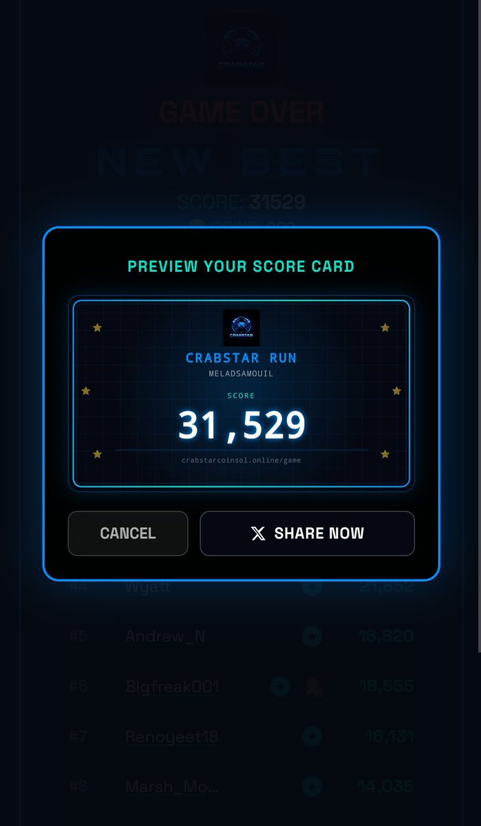 MeladSamouil's tweet photo. @crabstarcoinsol Thanks ❤️
My new score https://t.co/xegZPJZit4