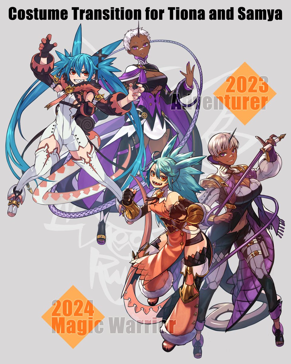 rumie_take's tweet photo. オリジナルキャラクターのティオナと��ーミャの衣装変移！😋 https://t.co/AVCXMdSbfl