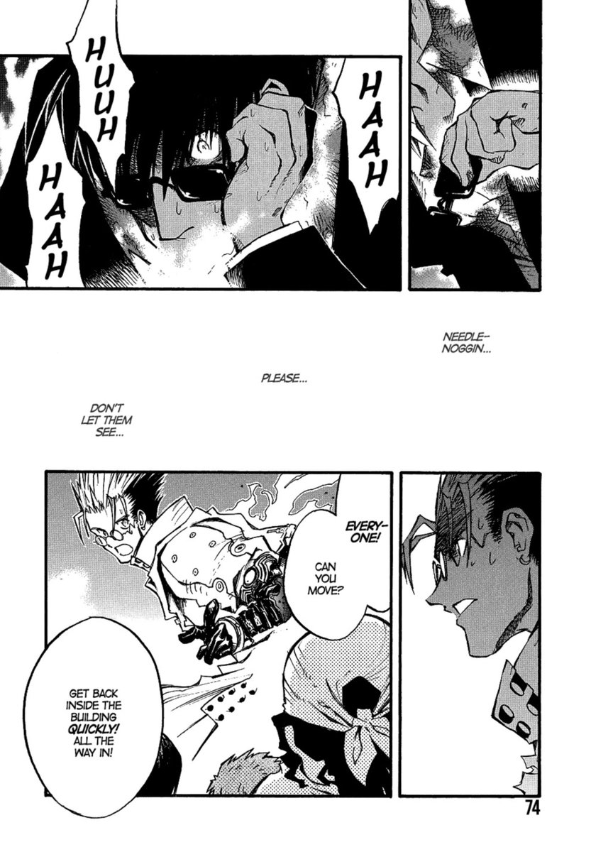 holdmagun's tweet photo. Update: Thanks to the images Fauna shared, it’s now clearer that he gestured for Vash to take the kids away so they wouldn’t see more violence. The translation kinda matches what we got in the final version.

#TRIGUN #wolfwood #vashthestampde https://t.co/uOr9kburs3
