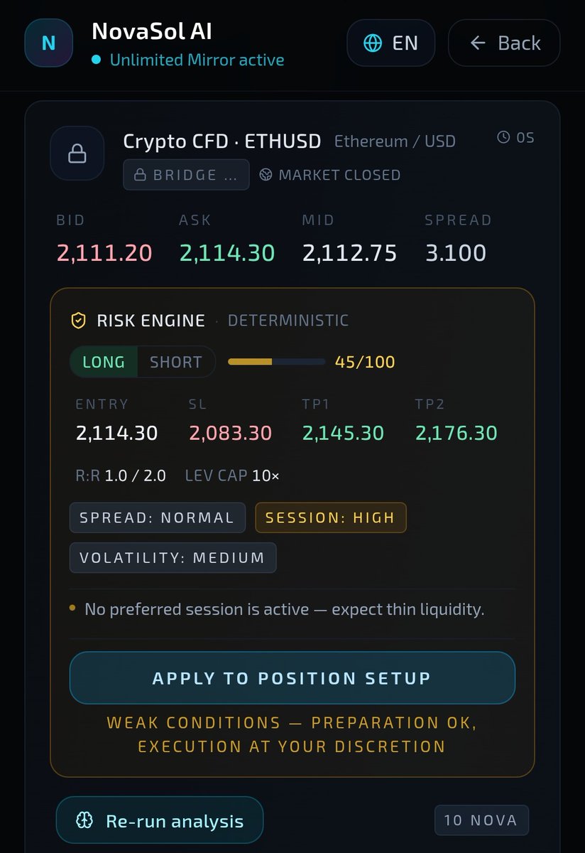 AiNovasol's tweet photo. NovaSol AI • Live Update

Risk Engine active on ETH + real position running on BCHUSD via MT5.

Human validation • Deterministic risk • Direct broker execution.

The bridge between analysis and real execution is getting stronger.

#NovaSolAI #MT5 #Trading https://t.co/qcbyyfG05f