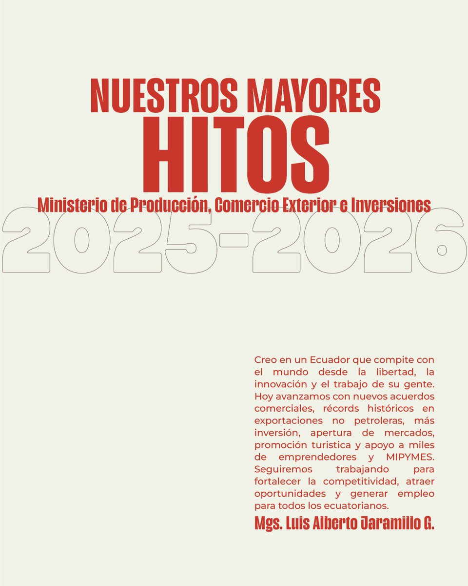 LuisJaramilloOK's tweet photo. Dos años trabajando por un Ecuador que produce, exporta, emprende y le muestra al mundo todo su potencial. 🇪🇨✨

Entre 2025 y 2026 impulsamos acuerdos comerciales🤝, abrimos nuevos mercados, fortalecimos la competitividad del país, apoyamos a miles de emprendedores y MIPYMES, y promovimos al Ecuador como un destino turístico con enorme riqueza, diversidad y oportunidades.

Seguimos demostrando que cuando el país apuesta por el trabajo, la innovación, el turismo y la apertura al mundo, los resultados llegan. 

Vamos a continuar generando oportunidades, atrayendo inversión y construyendo un Nuevo Ecuador con más desarrollo, empleo y futuro para todos.🇪🇨🙌