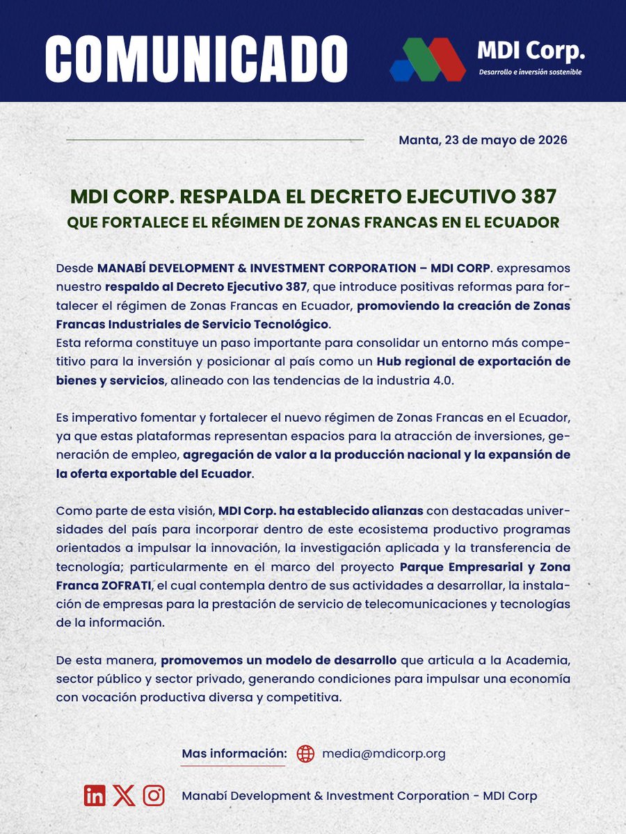 MDI_corp's tweet photo. MDI Corp. respalda el Decreto Ejecutivo 387 que fortalece las Zonas Francas en Ecuador 🇪🇨, impulsando inversión 📈, empleo 👷‍♂️ y desarrollo productivo 🌎.
@Produccion_Ecu @CamaraCIP @AsologEcuador @ClusterLogEc @asociacionZFA @CeEcuatoriano @dariovherrera @americaeconomia https://t.co/ZJhGC1sh6j