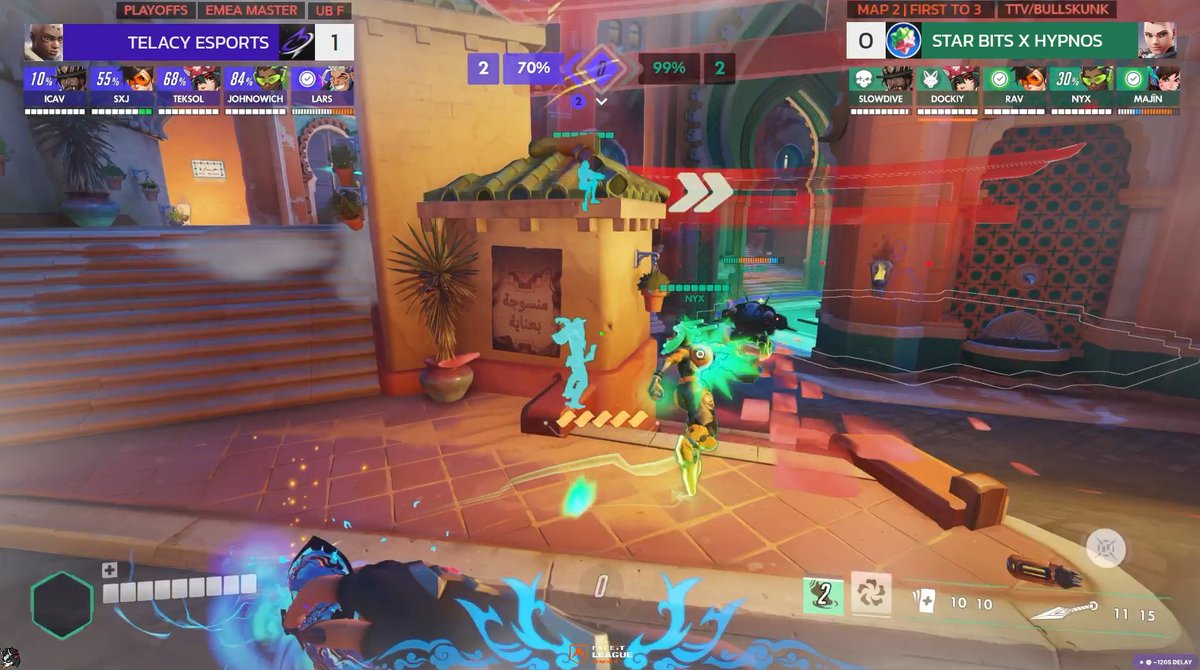Bullskunk's tweet photo. Hey @PlayOverwatch , I have a super helpful suggestion to propose. Can we have an option to match the colors of the cooldowns to the custom colorblind color assigned to the team banners. This would be such an amazing boon to grassroots broadcasts https://t.co/9ziry8Ocgq