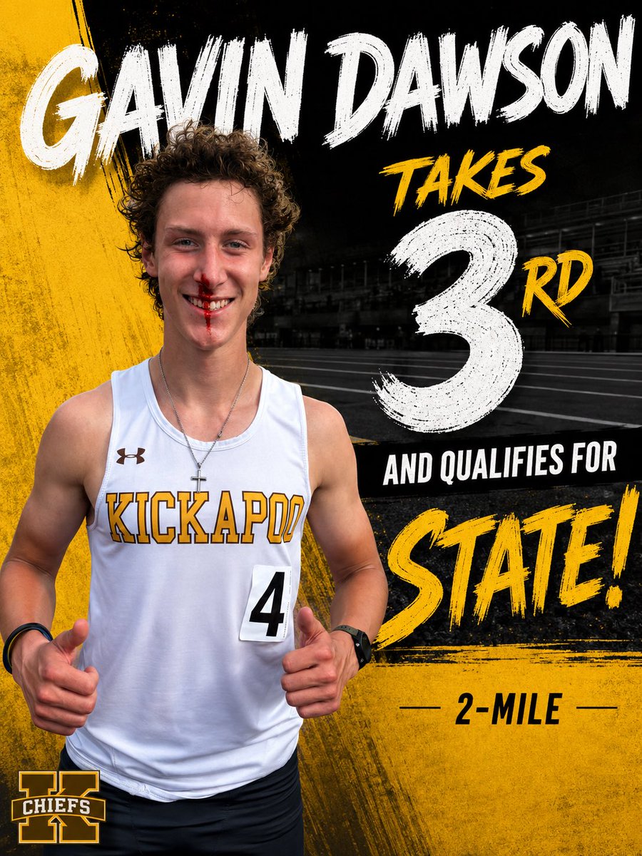Kpoofootball's tweet photo. Gavin Dawson lookin like he ate a left handed haymaker. Takes 3rd in the 2-Mile and qualifies for State! https://t.co/YNH6mEVpp9