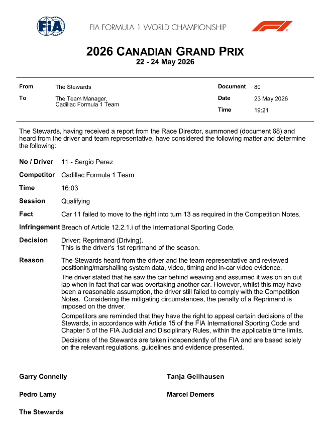 FastestPitStop's tweet photo. Sergio Perez receives a reprimand for not following race director's instructions in Qualifying

Hamilton gets NFA on his impeding as does Stroll

The Grid stands as they qualified for tomorrow!

#F1 #CanadianGP https://t.co/tn2YwAORTB