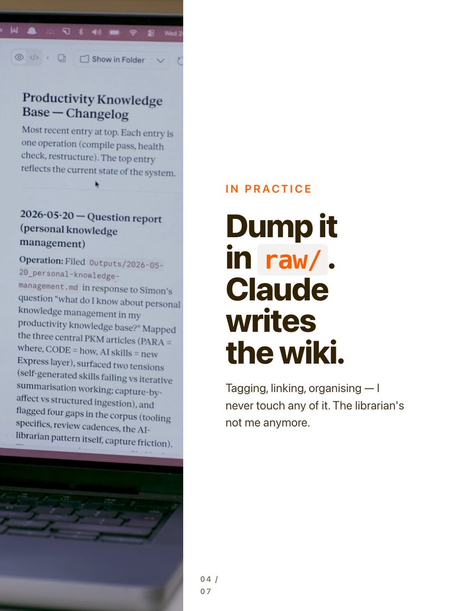 bettercreating's tweet photo. The biggest shift is it self improves - I’m no longer the librarian. I just dump information in, and #Claude organises it, links it, and summarises it… The system self-learns and actually gets smarter with every question I ask it… https://t.co/npAJQF6oEI