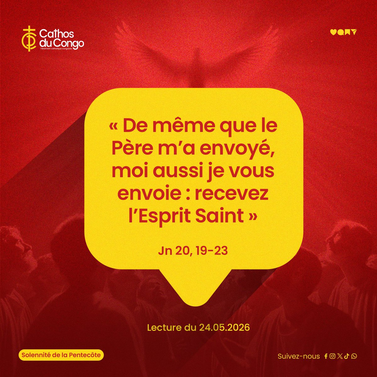 Cathosducongo's tweet photo. [ 24 Mai 2026 — Dimanche de la Pentecôte ] 

En ce dimanche de la Pentecôte, l’Église célèbre la venue de l’Esprit Saint sur les Apôtres réunis dans la prière, qui les transforme en témoins courageux de Jésus ressuscité. https://t.co/4RewXiemla