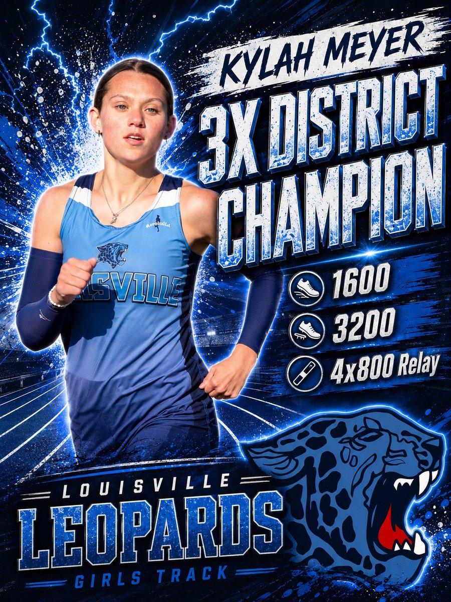 LouisvilleLeps's tweet photo. Congrats to Kylah Meyer who brought home 3 District Titles at the DII District Track Meet this week! Meyer won the 1600, 3200, and anchored the champion 4x800 relay team following teammates Peyton Novosel, Nora Kiko, and Amelie Anderson! 

DII North Royalton Regional Next Week! https://t.co/yRpej1fJST