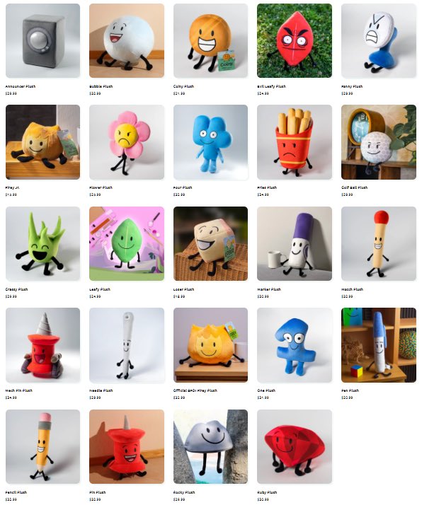 OSCMerchNews's tweet photo. Every single BFDI plush is currently in stock! As well as the Needle plush &amp; BFDIA 1 shirt! (BFB puzzle, Mech Pin Figure, Firey Lamp, BFDI Desk Mat &amp; Vomitaco Blanket are still out of stock) https://t.co/cVnYJepksB