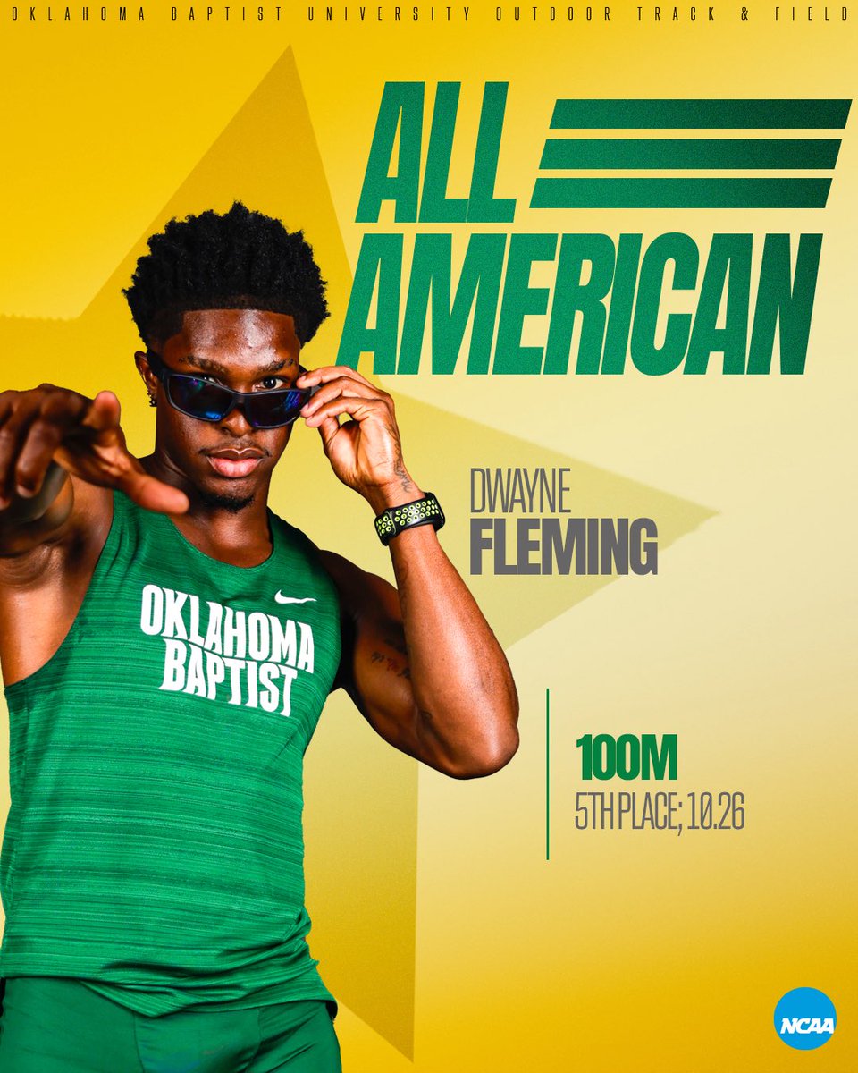 OBU_TrackXC's tweet photo. That's our guy. A First Team All-American in the 100-meter dash! #OnToVictory https://t.co/OM71iticei