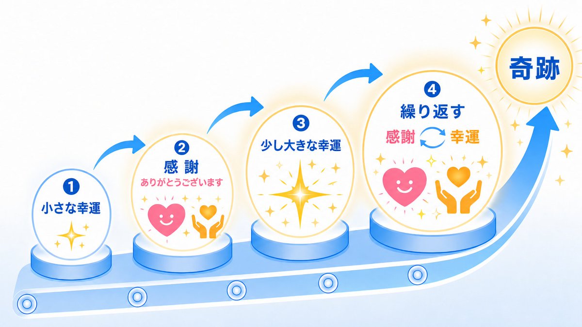 Jeg_smile's tweet photo. でっかい奇跡を引き寄せたいなら「小さな幸運への感謝」を徹底して繰り返してください。

ささやかな出来事を軽視せず「ありがとうございます」と唱える。

すると時間差で、少し大きな幸運が返ってきます。

あとはその繰り返し。

こうして雪だるま式に拡大した幸運を私たちは「奇跡」と呼びます。 https://t.co/Q7OWqs43rH