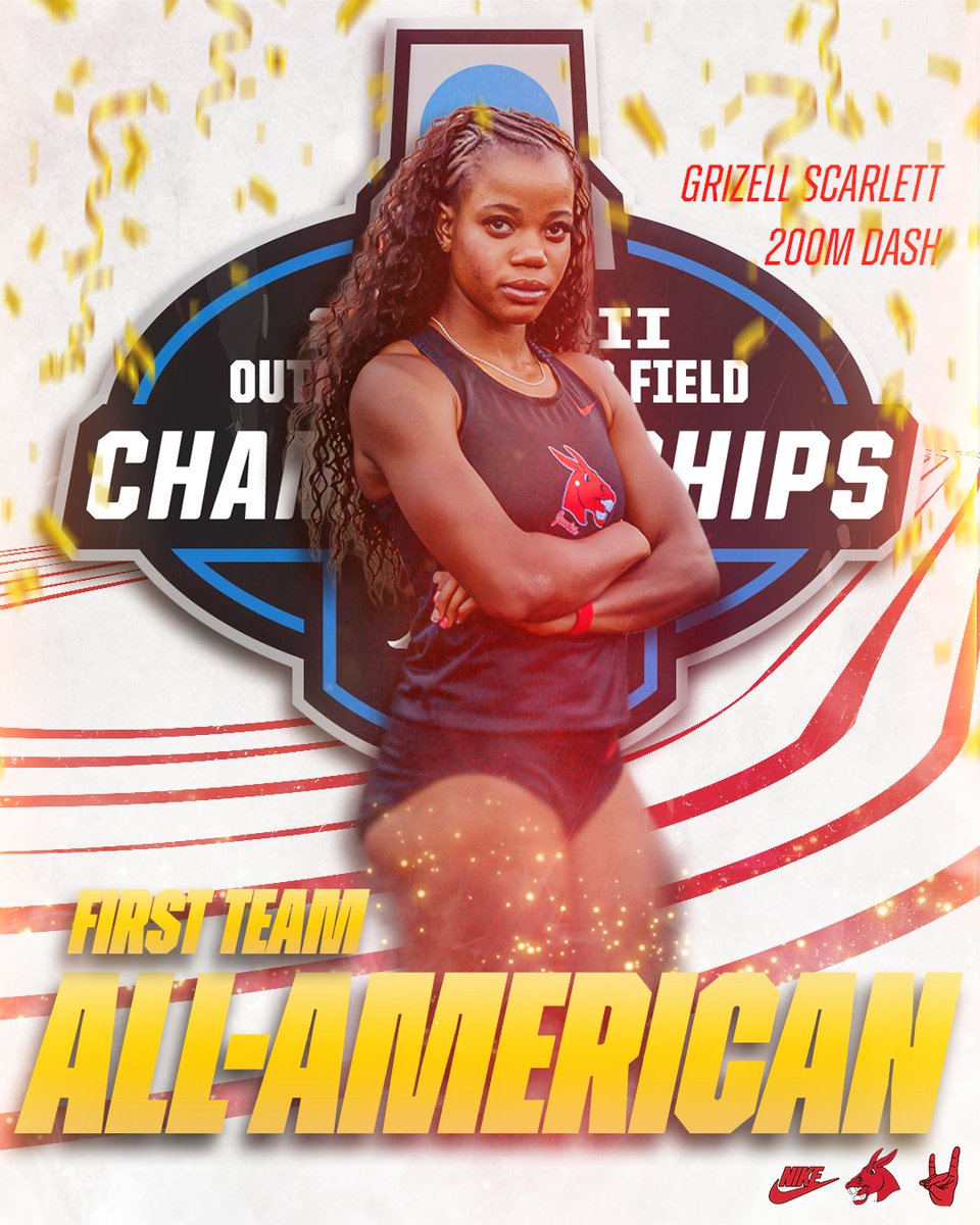 UCMTF's tweet photo. NATIONAL RUNNER-UP x 2⃣‼️🥈

Grizell Scarlett places second in the women's 200m dash with a time of 23.25 for her second First Team All-America recognition and runner-up performance at the 2026 @NCAADII Outdoor Championships in Emporia, Kansas, this evening.

#teamUCM https://t.co/y9AYkiKqwo