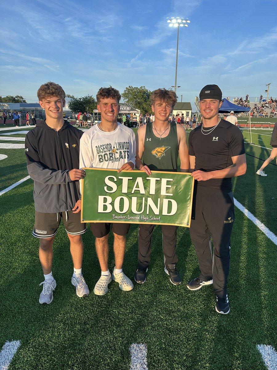 BLHSBobcatsTF's tweet photo. The boys 4x100 are heading to State! This year’s team is made up of 3 seniors: @CarsonDixon05, @tydarting and @cole_hofer and 1 sophomore: Wyatt Shockey! https://t.co/fCEirpBB8h