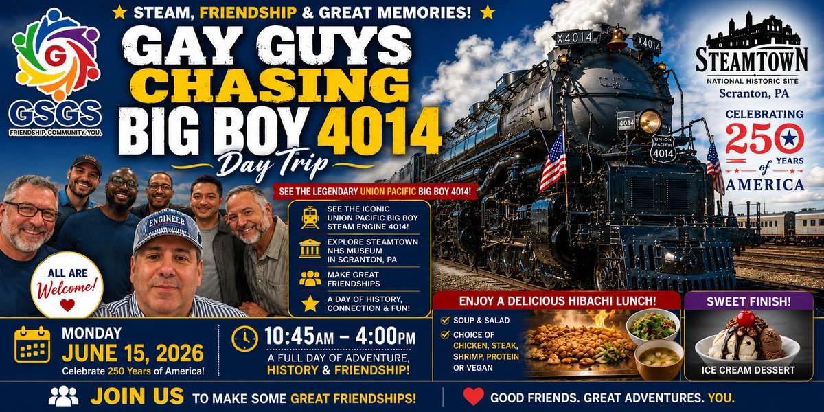 GSGSNJ's tweet photo. 🚂 Gay Guys Chasing Big Boy 4014 in Scranton, PA!

Steam trains, hibachi lunch, ice cream,  with guys!

Some friendships start with shared adventures.

🎟 Tickets:
https://t.co/IRbsirN22p
#GayMen #BigBoy4014 #GayFriends #Steamtown #MeaningfulConnections https://t.co/Nb4m192y3h
