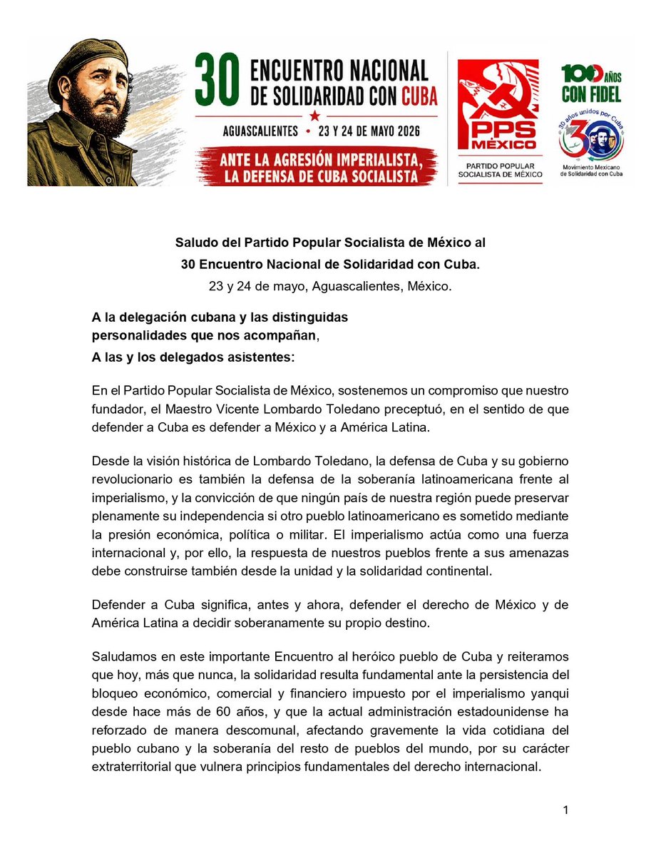 ppsdemexico's tweet photo. Saludo del #PPSM al 30° Encuentro Nacional de Solidaridad con Cuba en la Ciudad de Aguascalientes, México. 23 y 24 de mayo 2026.
#CubaNoEstáSola
#RaulEsRaúl https://t.co/RuagIDHi3I