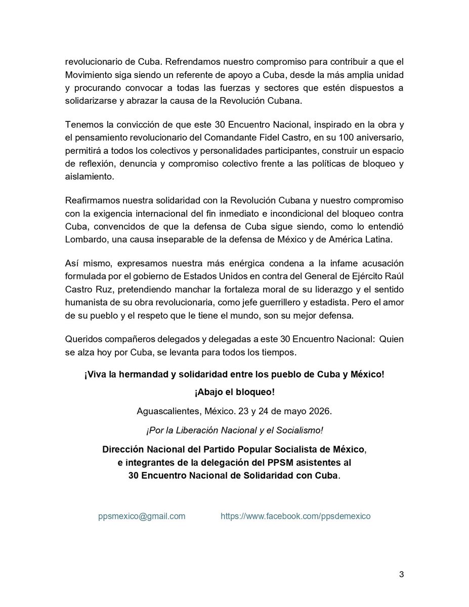 ppsdemexico's tweet photo. Saludo del #PPSM al 30° Encuentro Nacional de Solidaridad con Cuba en la Ciudad de Aguascalientes, México. 23 y 24 de mayo 2026.
#CubaNoEstáSola
#RaulEsRaúl https://t.co/RuagIDHi3I