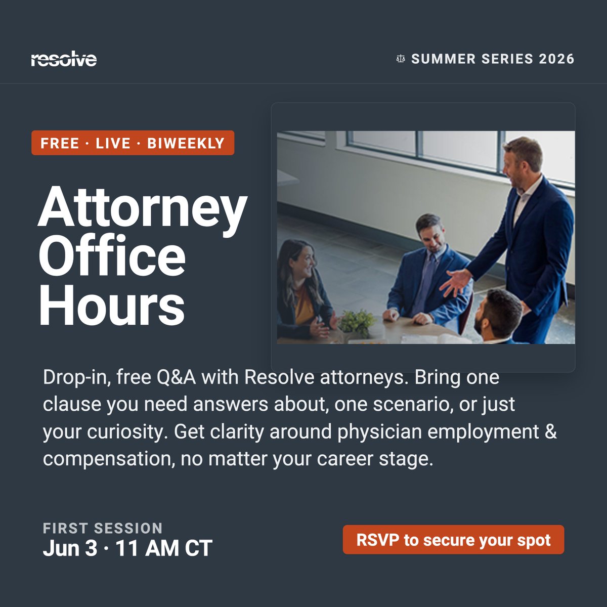 ResolveAgents's tweet photo. Do you have questions about your physician contract, compensation, or a negotiation you're navigating right now? Get real answers from attorneys who know all about physician contracts for free!

👉 Register for free: https://t.co/TZ8VwrODwS https://t.co/7bWaDVLXTh
