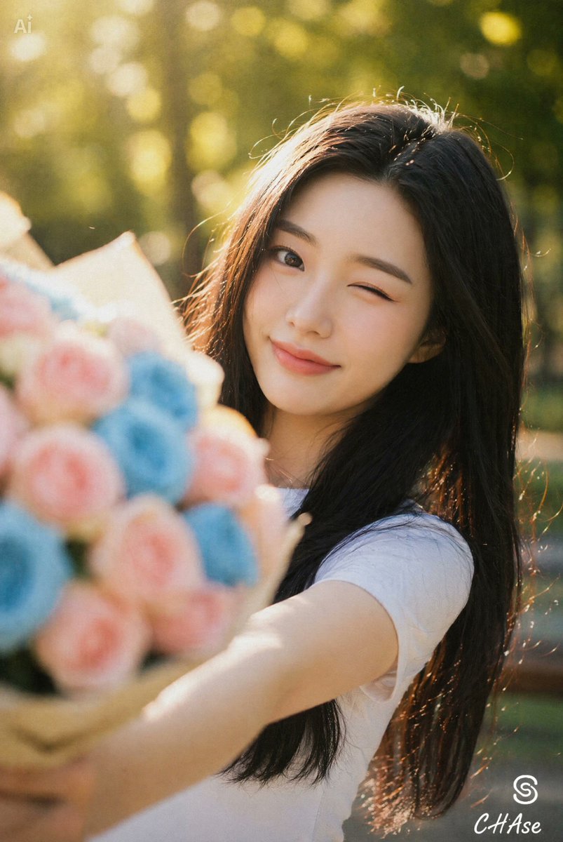 Joyful Winking Woman with Flower Bouquet