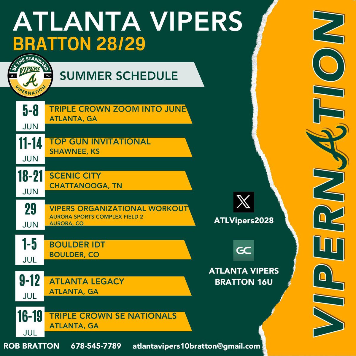 EmmeHackworth's tweet photo. Summer schedule!!🥎

Playing with some good competition and I’m ready to show out with my team!! GO VIPERS!💛💚 https://t.co/B7StskXkRv