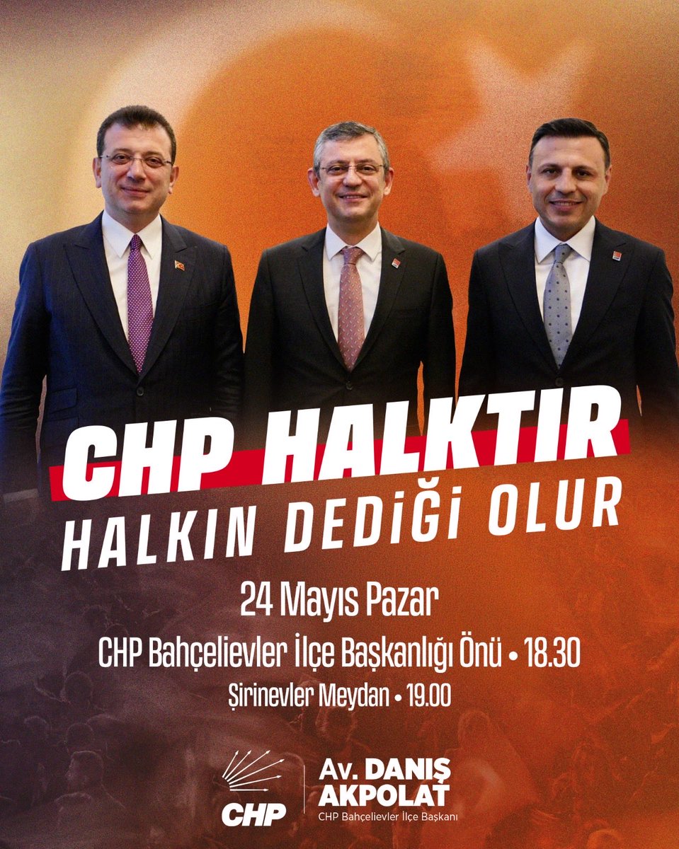 MeclisChp's tweet photo. Bölge İlçe Başkanları olarak; haksızlığa ve hukuksuzluğa karşı tek ses, tek yüreğiz.

Bugün susma değil, ses yükseltme günüdür. Adalet, demokrasi ve güçlü bir Türkiye için omuz omuza.

🚩 CHP Bahçelievler İlçe Başkanlığı Önü
🕡 18.30

��️ 24 Mayıs Pazar
🕖 19.00
📍 Şirinevler Meyd https://t.co/mYv53HgPrG