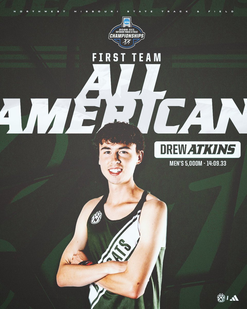 NWBearcatXCTF's tweet photo. 𝙁𝙄𝙍𝙎𝙏 𝙏𝙀𝘼𝙈 𝘼𝙇𝙇-𝘼𝙈𝙀𝙍𝙄𝘾𝘼𝙉 🇺🇸🚨

5,000m (M) ||| @NCAADII Outdoor Championships
5th: Drew Atkins - 14:09.33

#OABAAB ||| #OneTeamOneDream https://t.co/0pVtdeGXSn