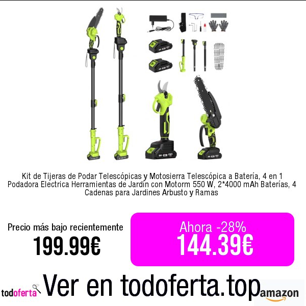 Todoferta1's tweet photo. comprar ➡️ https://t.co/hcC1vkIGez

Kit de Tijeras de Podar Telescópicas y Motosierra Telescópica a Batería, 4 en 1 Podadora Electrica Herramientas de Jardín con Motorm 550 W, 2*4000 mAh Baterías, 4 Cadenas para Jardines Arbusto y Ramas #publi https://t.co/rV4JucD38h