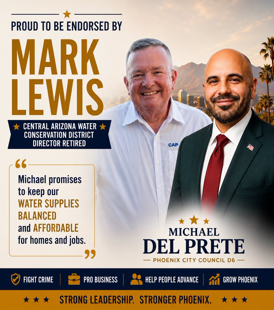 MrMikeDelPrete's tweet photo. 🚨Honored to earn the endorsement of Mark Lewis, retired Director of the Central Arizona Water Conservation District.

Mark understands how critical responsible water policy is to the future of Phoenix for homeowners, families, jobs, and long-term growth.

Phoenix needs leadership focused on public safety, affordability, economic growth, and protecting the resources that make our city strong.

I’m grateful for his support and ready to get to work for District 6.
#Phoenix  #PhoenixCityCouncil