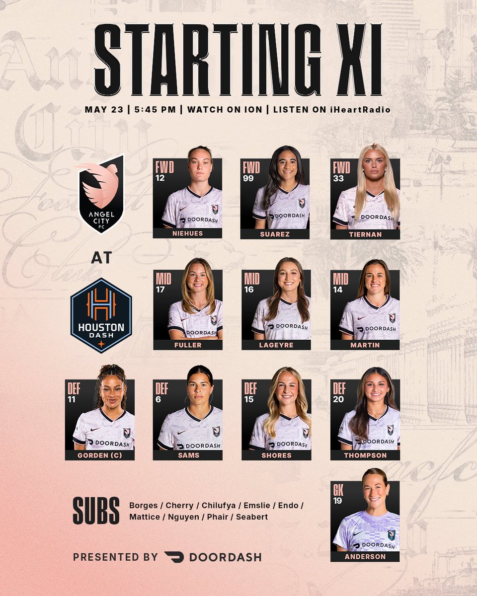 weareangelcity's tweet photo. The #AngelCityFC Starting XI for #HOUvLA.

#Volemos | #NWSL | @doordash https://t.co/6q6ltiRFyX