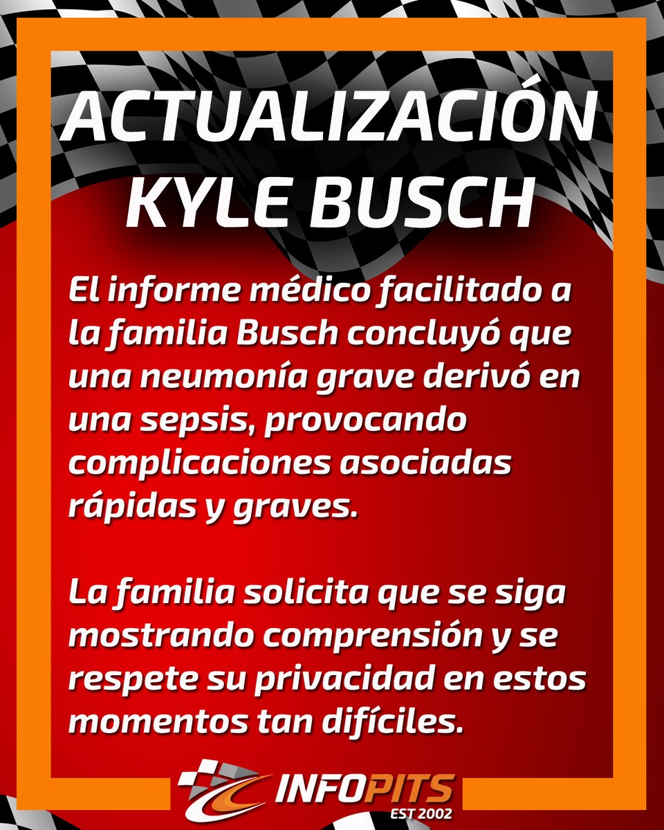 Infopits's tweet photo. #NASCAR compartió el comunicado emitido por la Familia Busch tras el informe médico sobre el fallecimiento de Kyle Busch. #QEPD. https://t.co/9RTtoUOSpd