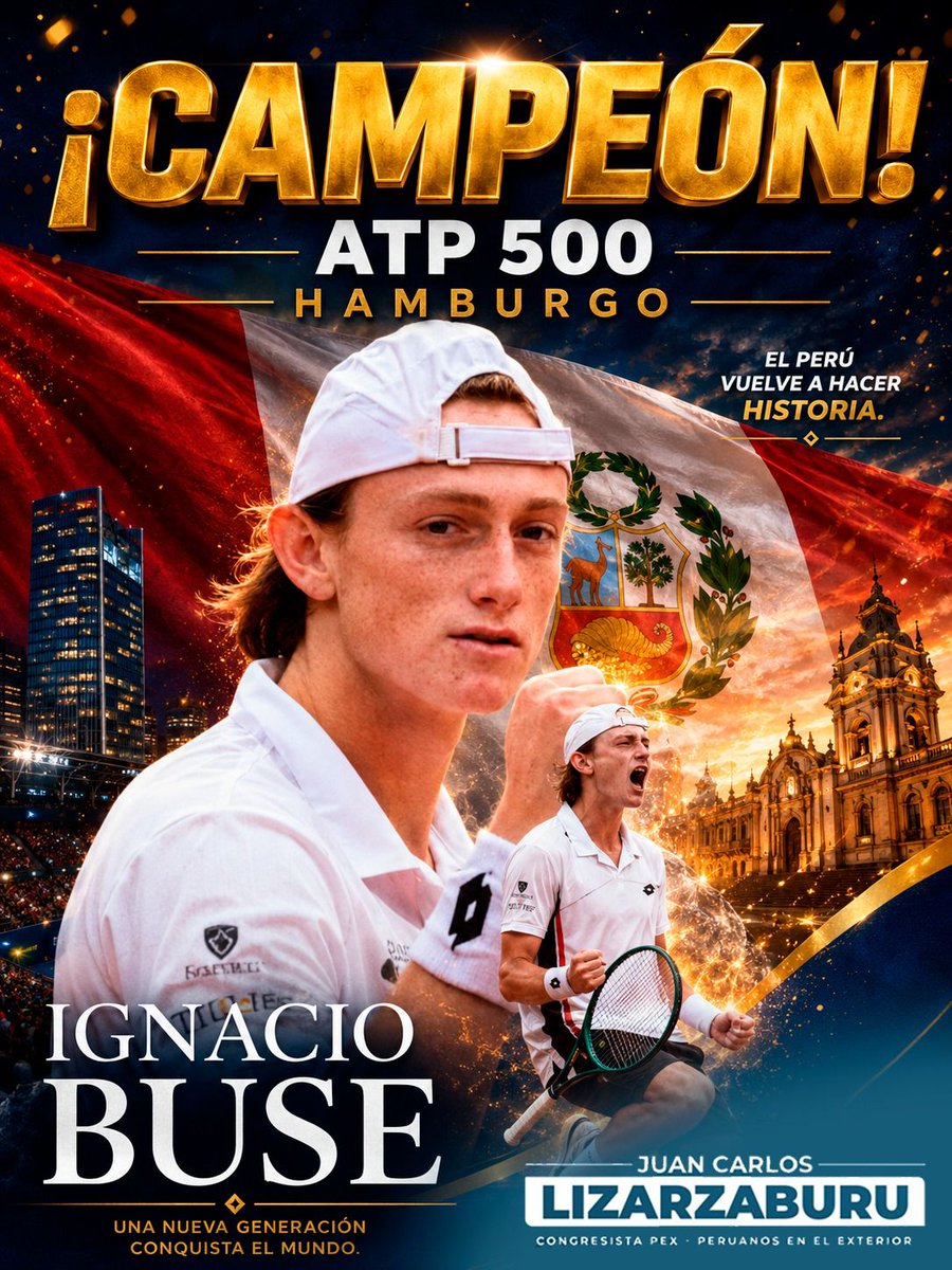LizarzaburuJuan's tweet photo. 🇵🇪🔥 ¡El Perú celebra en grande!
Ignacio Buse conquista el ATP 500 de Hamburgo y demuestra que nuestra bandera sigue brillando en el mundo.
¡Orgullo peruano dentro y fuera del país! 🎾🇵🇪
#IgnacioBuse #Perú #OrgulloPeruano #ATP500 #PEX https://t.co/TkSLPH91Lw