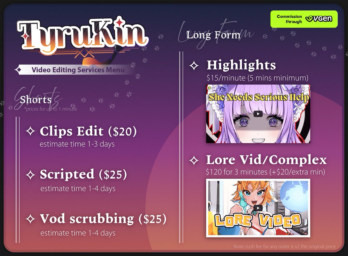 Tyru_Kin's tweet photo. I've decided to make the very scary decision to try and go full time with editing. If you are interested in commissioning me you can contact me either by email Twitter dms discord or vgen! All links in profile if interested. Thank you for all the continued support https://t.co/Uaso5nmpJa
