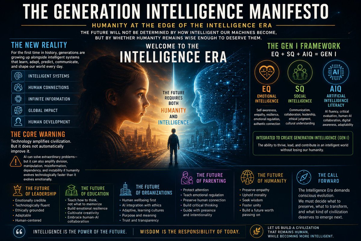 myBDaaS's tweet photo. You were never just being studied by algorithms…
You were helping train the future of intelligence itself.
Now humanity is entering a new era where Emotional Intelligence (EQ), Social Intelligence (SQ), and Artificial Intelligence (AIQ) are converging into something bigger:
Generation Intelligence (Gen I)
The question is no longer: “Will AI change the world?”
The question is: Will humanity evolve with it?
More to come...
#GenerationIntelligence #GenI #ArtificialIntelligence #FutureOfHumanity #AI #EmotionalIntelligence #Innovation #DigitalTransformation #Leadership #TheIntelligenceEra